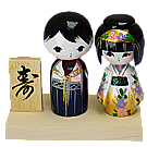 Pedestal Mini-kokeshi - Casal Marinho e Dourado